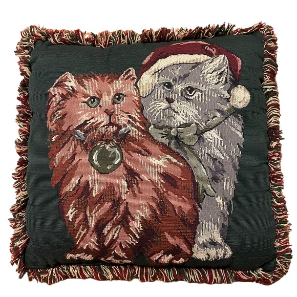 Vintage Christmas Cats Kittens Needlepoint Tapestry Frayed Border Holiday Pillow - Picture 1 of 16